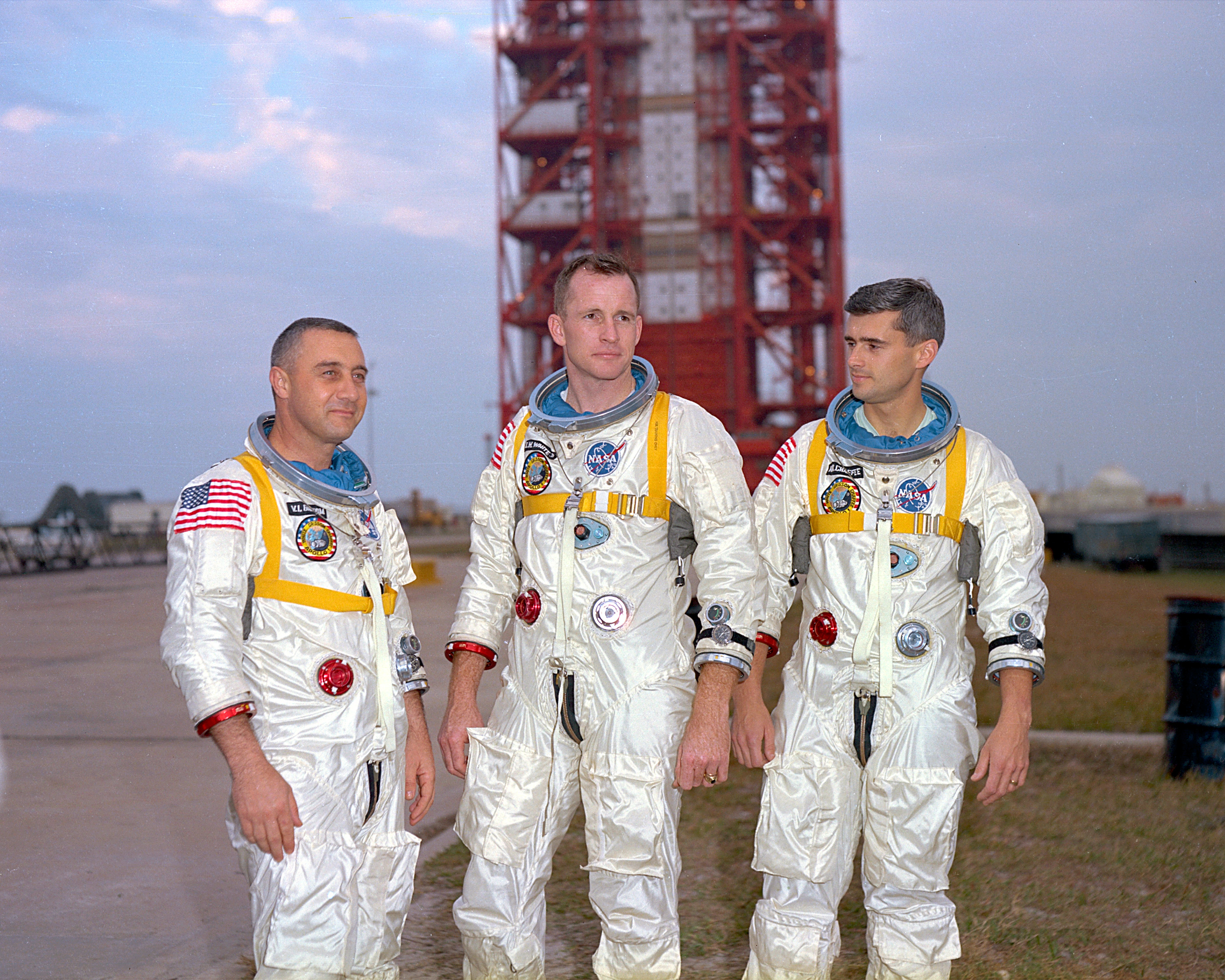 Apollo 1 crew Gus Grissom, Ed White, Roger Chaffee, killed January 27, 1967 in the LC-34 pad fire.