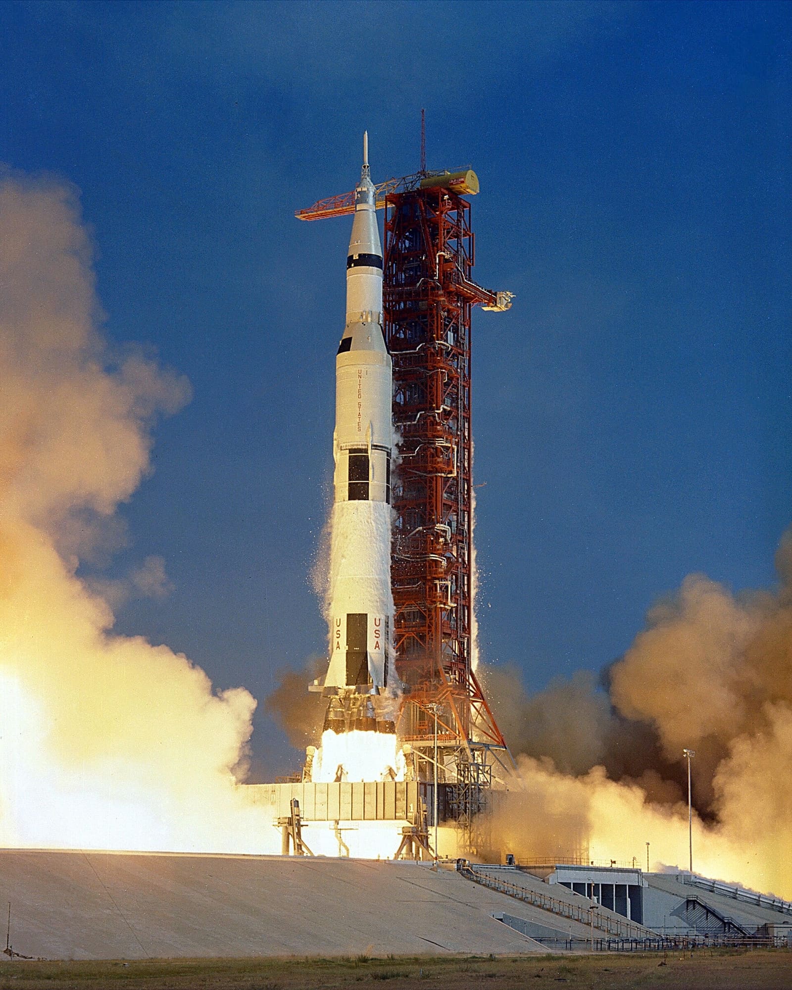 A Saturn V lifting off from Launch Complex 39, the NASA Merritt Island side.