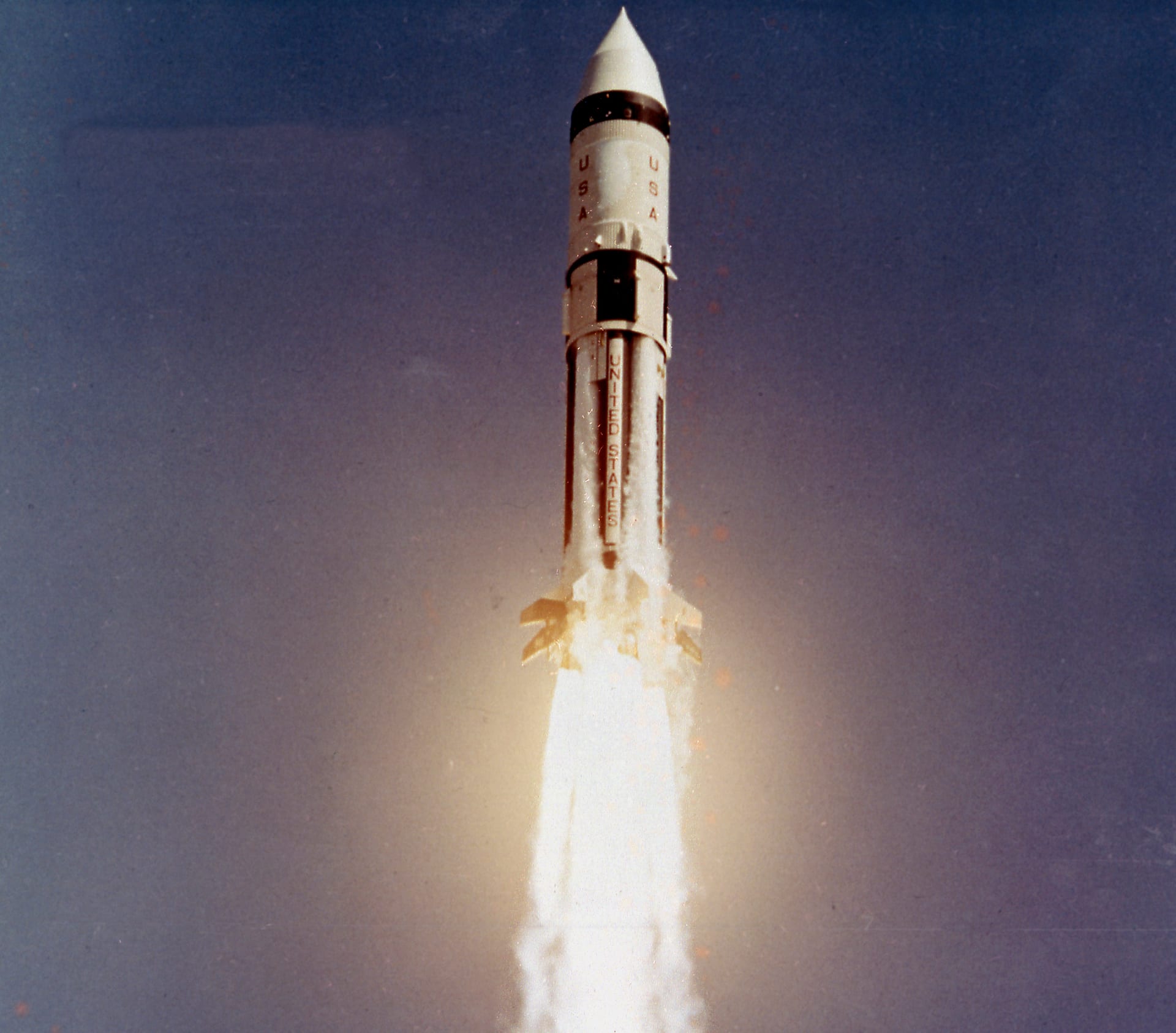 A Saturn IB rocket lifting off from Cape Canaveral on the uncrewed AS-203 mission.