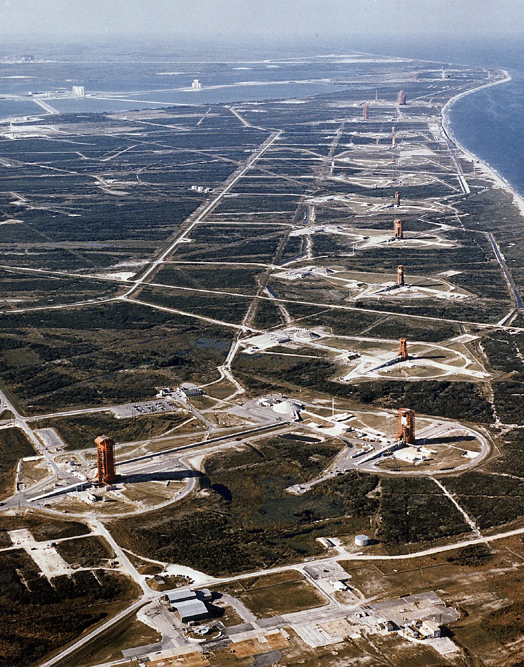 Cape Canaveral Air Force Station aerial view, showing the launch pads and infrastructure of the 1990s era.