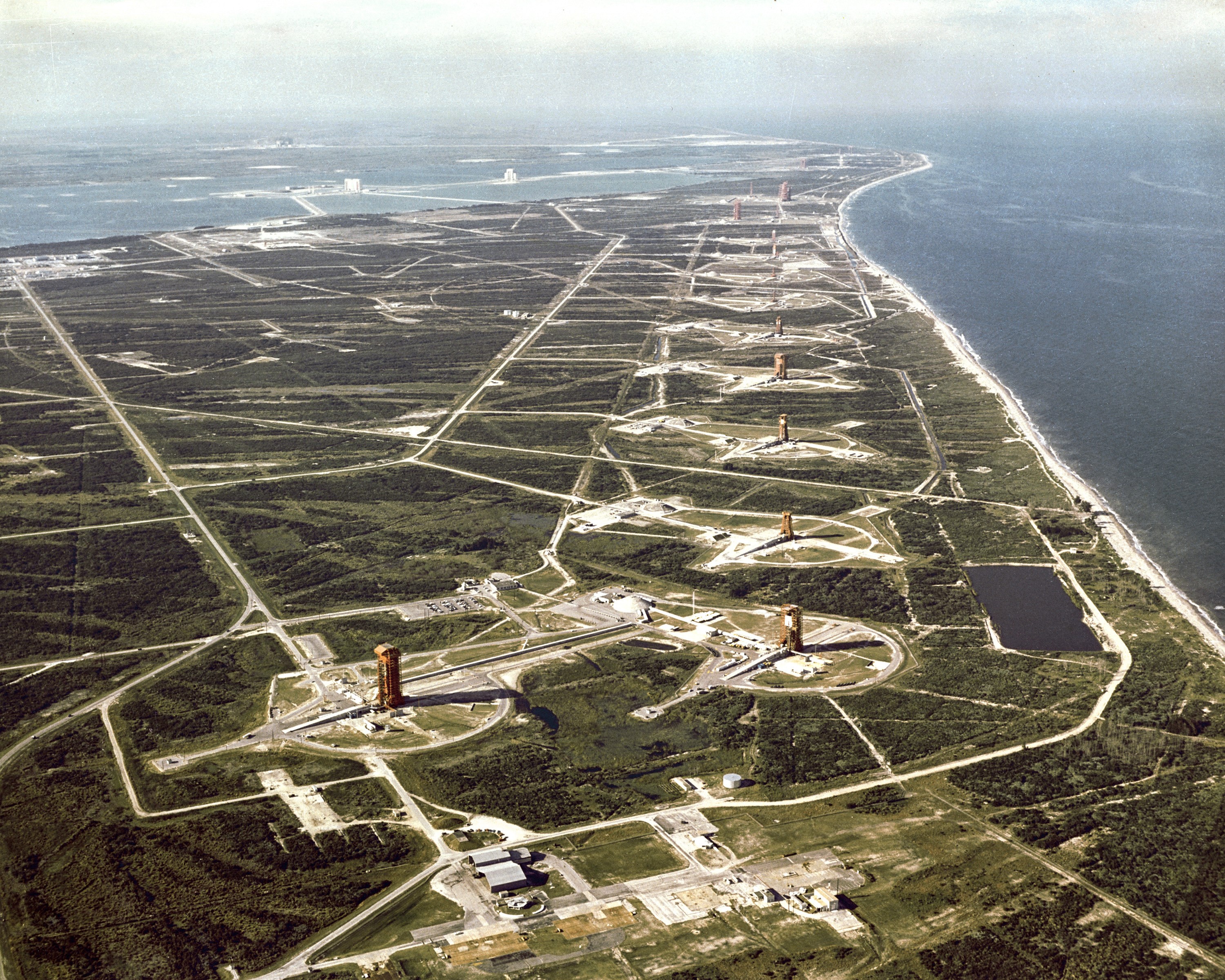 Cape Canaveral aerial in 1964, showing the launch complexes that drove the city's incorporation.