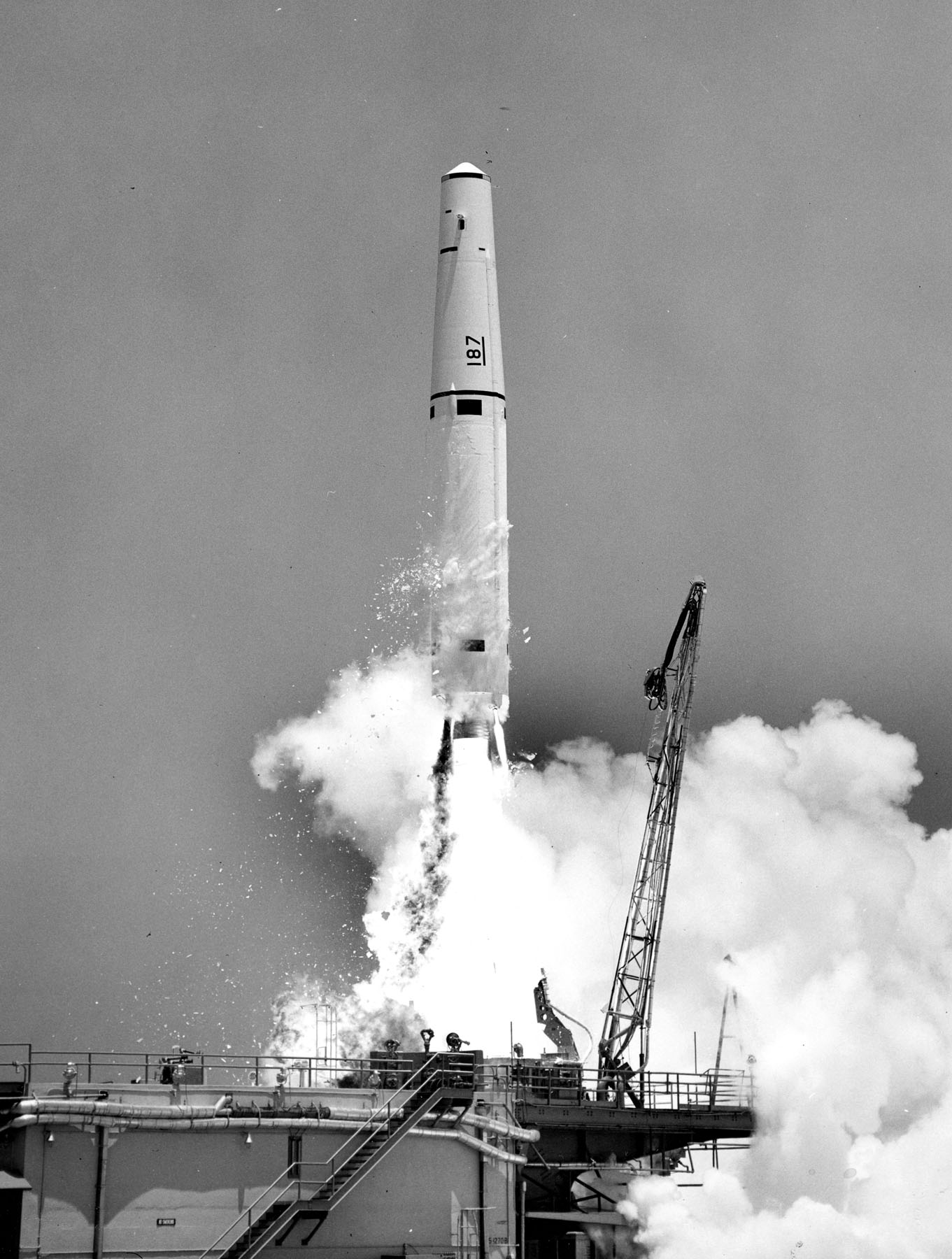 A Thor missile launch from Cape Canaveral in 1959, the kind of trajectory the Eastern Test Range was built to track.