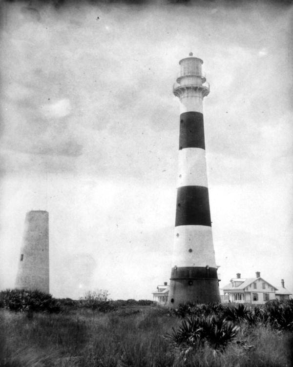 The Cape Canaveral Lighthouse circa 1890, showing both the original 1848 brick tower and the 1868 iron replacement.