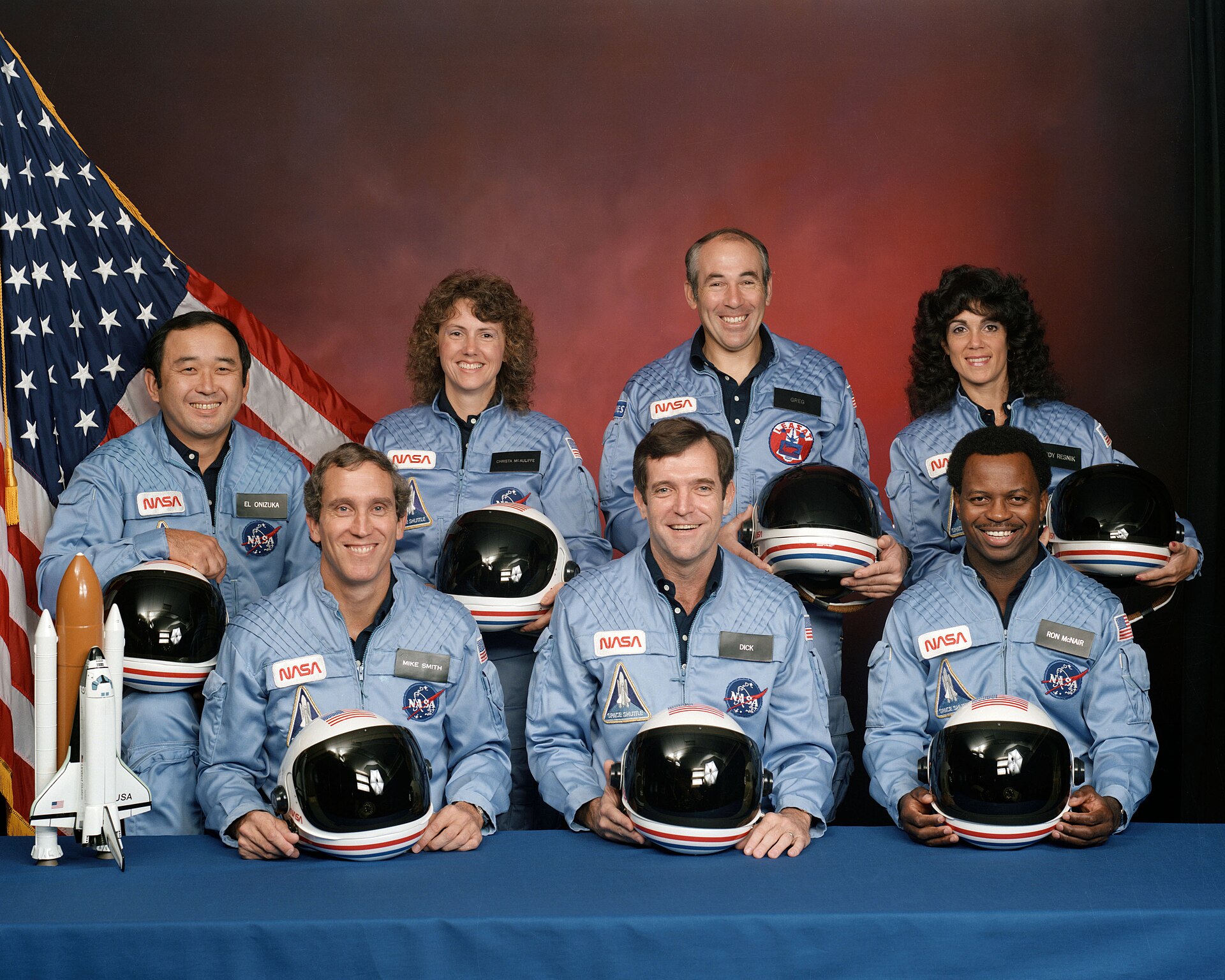 STS-51-L crew, lost January 28, 1986: Scobee, Smith, Resnik, Onizuka, McNair, Jarvis, McAuliffe.